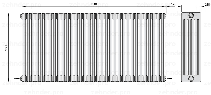 Схема (чертеж) Радиатор Zehnder Charleston 6180/33 №2670 Белый глянцевый RAL 9016